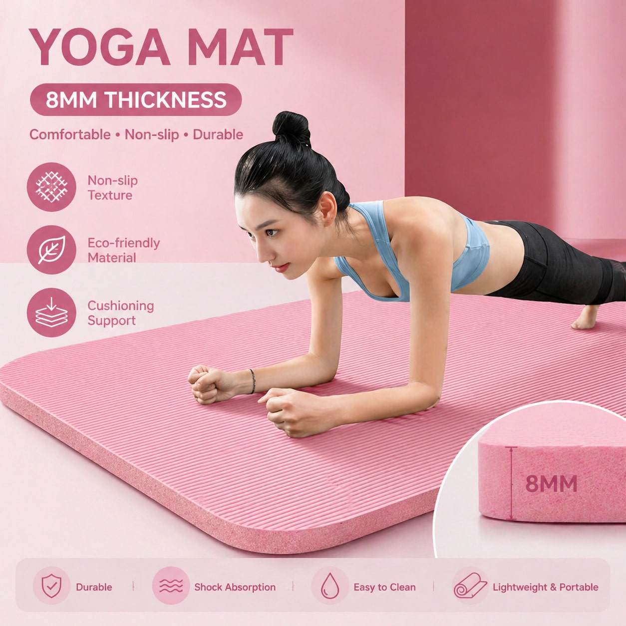 Home Gym Yoga Mat - 185*61CM Pembe Kaymaz Yoga Mat Seti